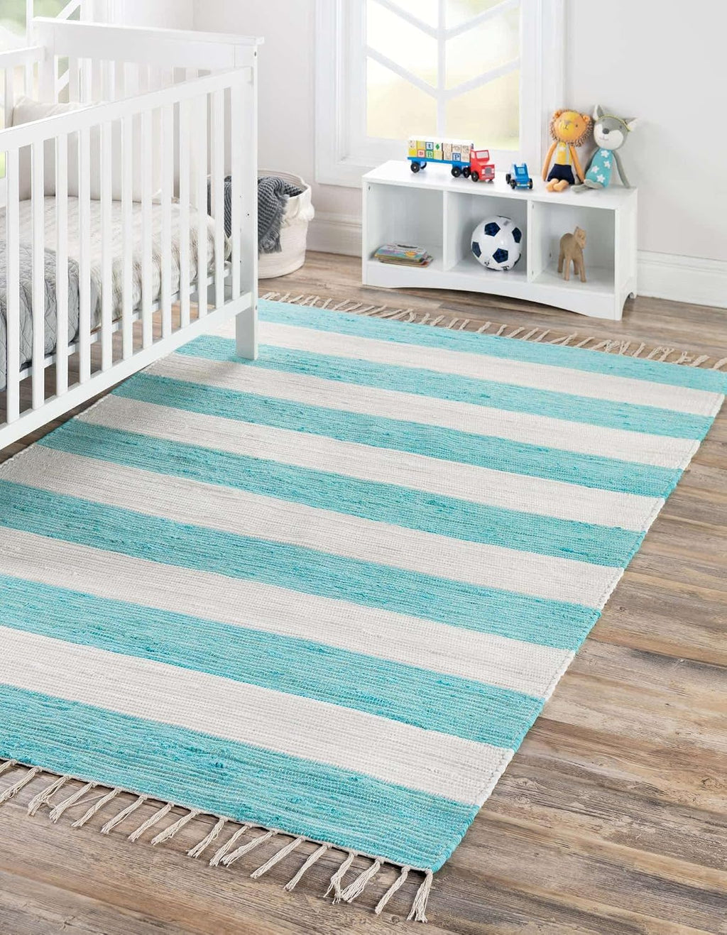 Unique Loom Chindi Rag Collection Area Rug - Striped (4' 1" x 6' 1" Rectangle, Turquoise and Ivory)