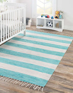 Unique Loom Chindi Rag Collection Area Rug - Striped (4' 1" x 6' 1" Rectangle, Turquoise and Ivory)