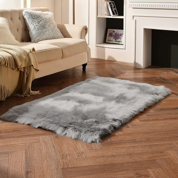duduta Grey Faux Sheepskin Fur Rug 3x5 ft, Fluffy Shag Bedroom Dorm Nursery - Image 6