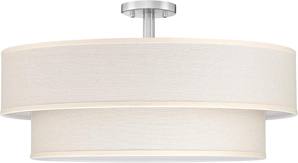 2 Tier 21" Black Semi-Flush Mount Light Cream Fabric Drum Shade