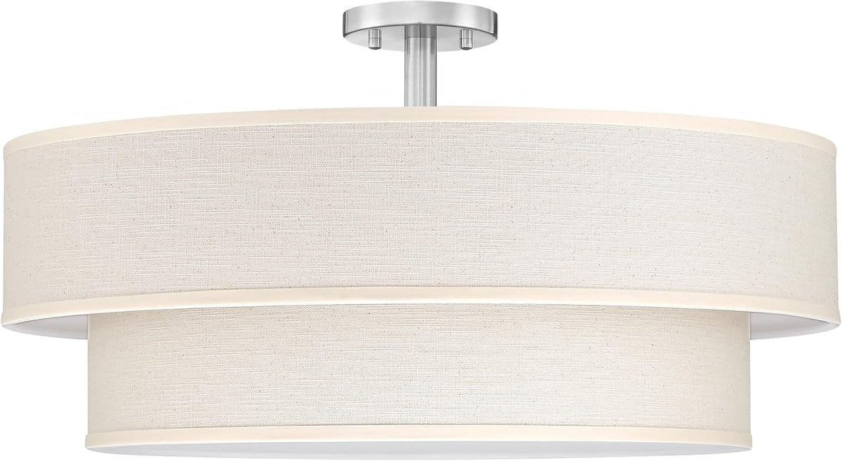 2 Tier 21" Black Semi-Flush Mount Light Cream Fabric Drum Shade