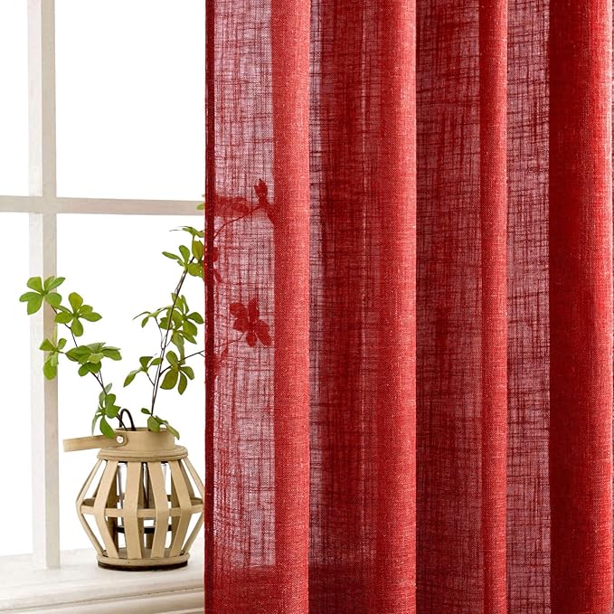 MIULEE Red Linen Short Curtains 63 Inch Length 2 Panels - Image 5
