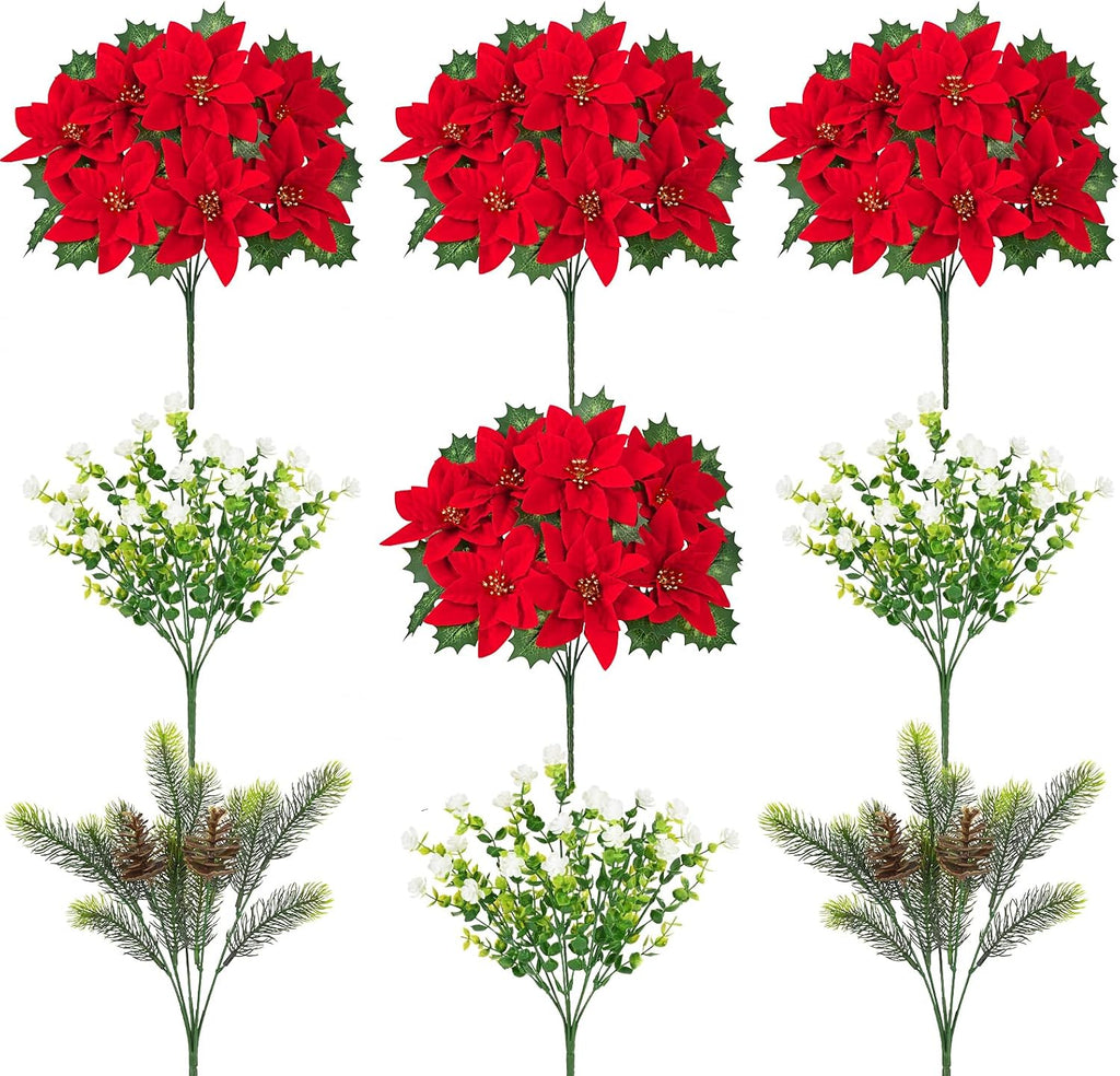 9 Pack Poinsettias Flowers Artificial Christmas Flowers for Outdoors, 14'' Mixed Fake Red Velvet Poinsettias Flowers Faux Eucalyptus Plants Pine Branches UV-Resistant for Vase Garden Porch Home Decor
