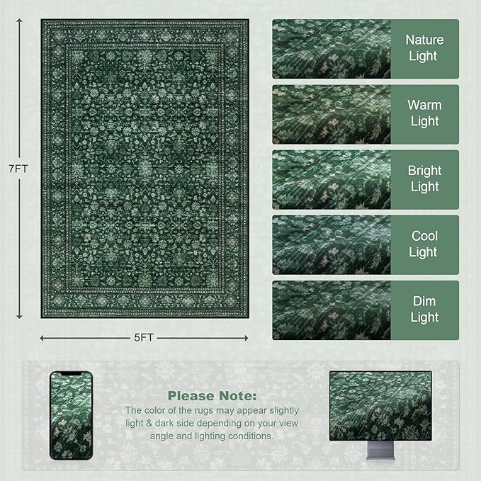 5x7 Area Rugs Living Room Rug: Washable Vintage Distressed Floral Rug No Slip - Image 2