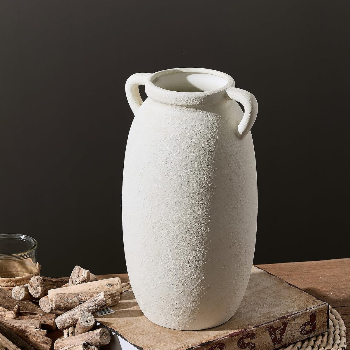 Dobbyby Ceramic Flower Vase 12 inch Farmhouse Rustic Vase Decorative Pottery Terracotta Tall Vases for Home Decor Table Mantle Fireplace Living Room Bathroom Wedding Centerpiece(Large-White)