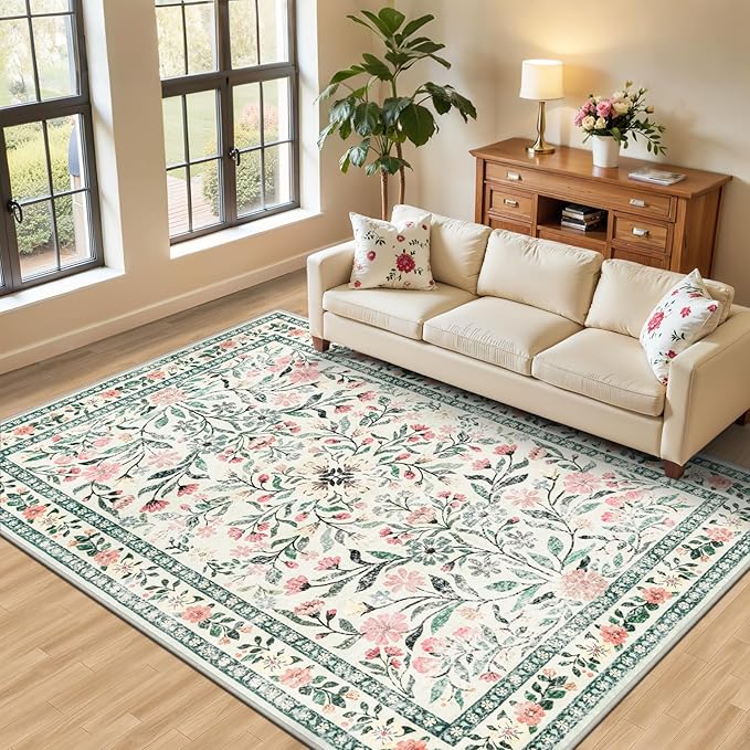 Area Rug Living Room Rugs: Floral 5x7 Washable Rug Vintage Soft Boho Non-Slip by PLHXFRSoftAreaRugs