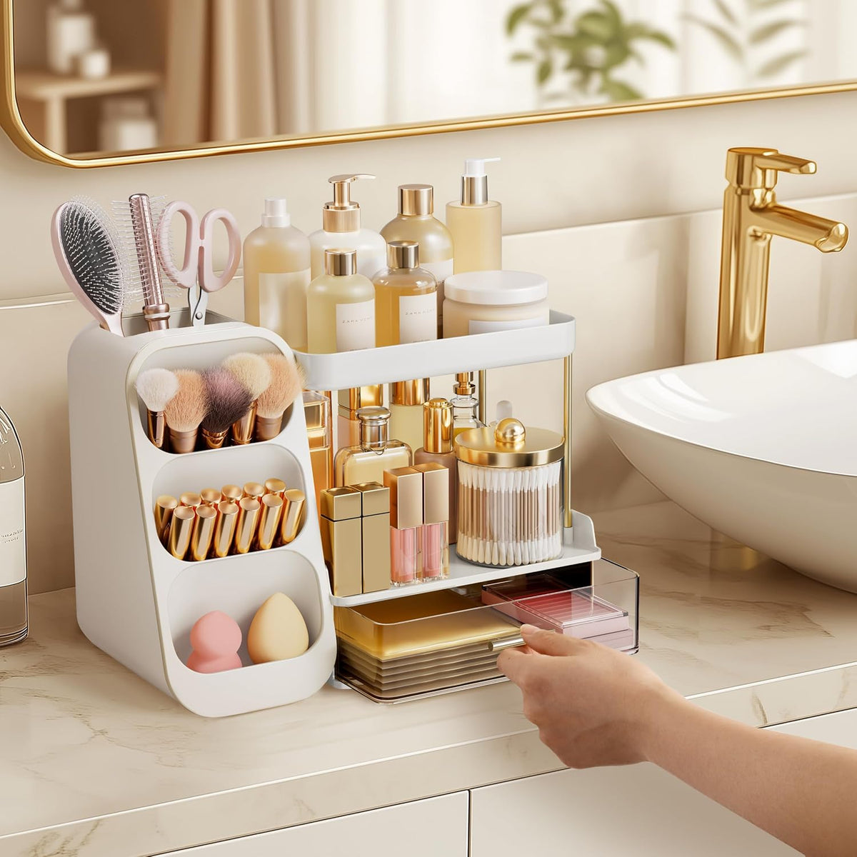 HBlife Bathroom Organizers and Storage with Brush Holder for Vanity, 3 Tier Plastic Makeup Organizer for Dresser Counter, Skincare, Lipstick, Perfume, and Cosmetic Storage