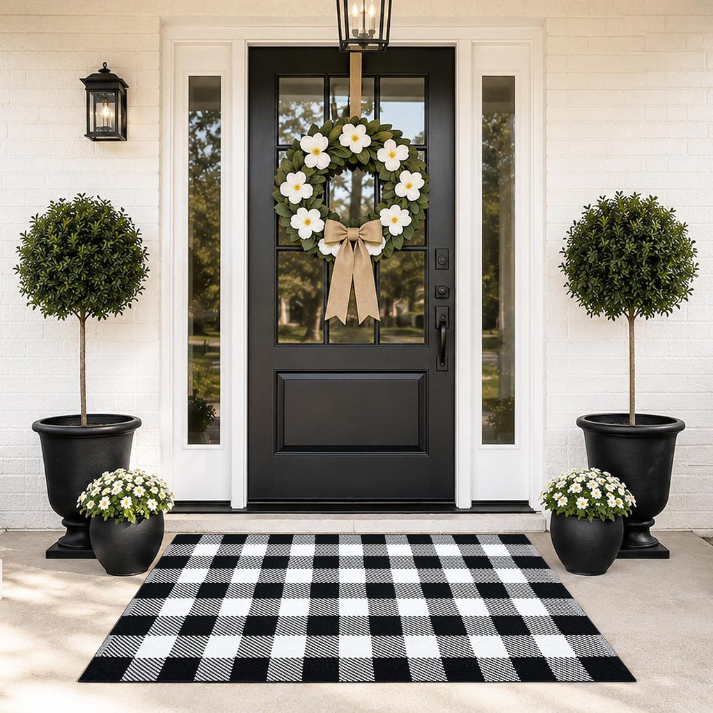 Black and White Buffalo Plaid Rug 3’x 5’, Halloween Door Mat, Washable Layering Rug for Front Door Entryway Porch Indoor Outdoor