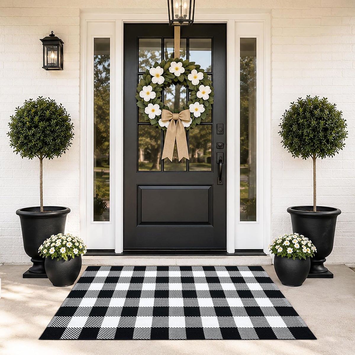 Black and White Buffalo Plaid Rug 3’x 5’, Halloween Door Mat, Washable Layering Rug for Front Door Entryway Porch Indoor Outdoor