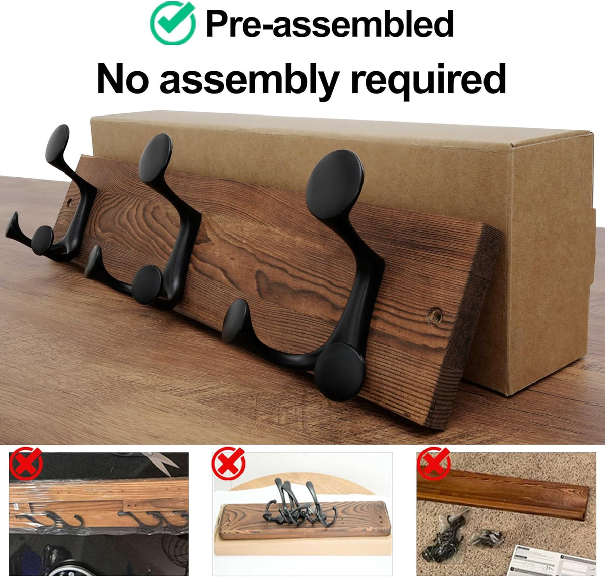 WEBI Coat Rack Wall Mount,17" Solid Wood Coat Hooks Wall Mounted Coat Hanger,16" Hole to Hole,Heavy Duty Hook Rack,3 Triple Hooks for Hanging Coats,Jacket,Hat,Backpack,Farmhouse,Brown