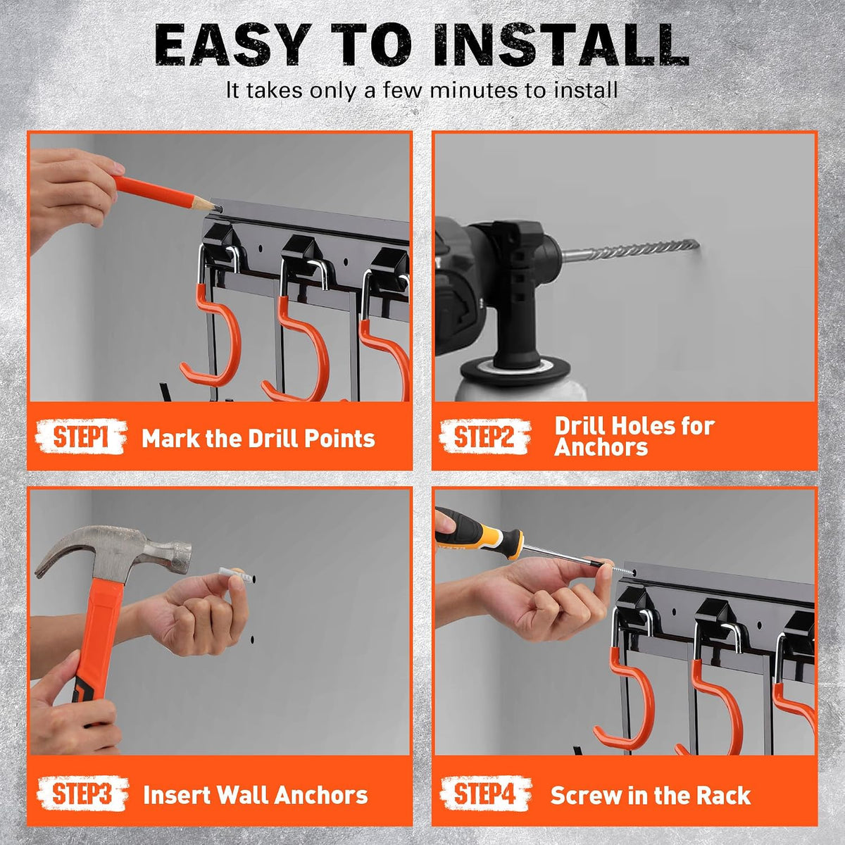 68'' All Metal Adjustable Garden Tool Organizer: Garage Tool Organizer Wall Mount with Orange Hooks, Garage Organizers and Storage, Tool Hangers for Shed