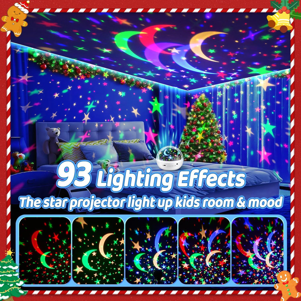 COOLNIGHT Boy Room Decor, 93 Lighting+3 Films Toddler Room Decor, Remote+Dimmable+360° Slient Nightlight for Baby Nursery, Starry Night Light Up Toys, Moon Projector (White)