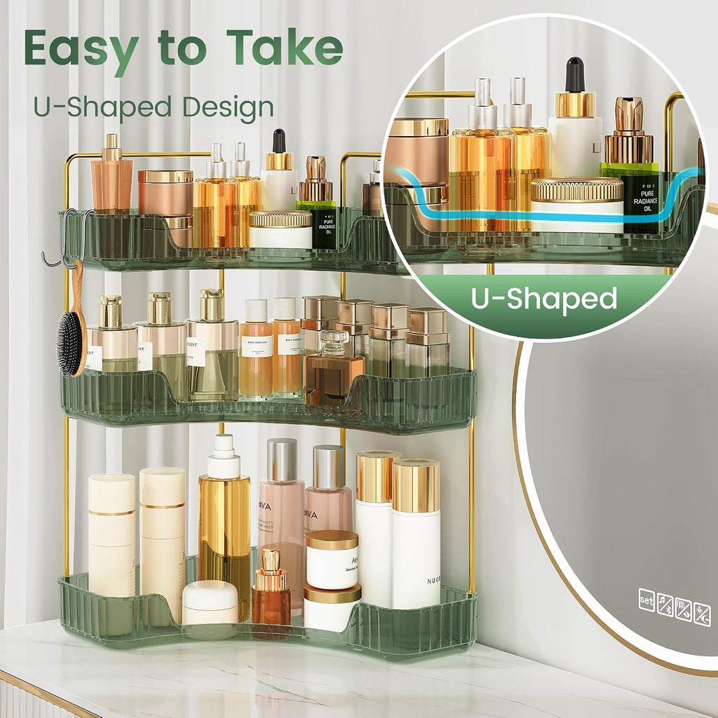 3-Tier Green Corner Organizer, PET Counter Storage with Hooks
