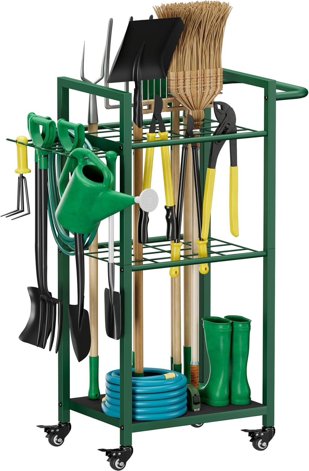 Garden Tool Organizer with Wheels, Yard Tower Rack, Black