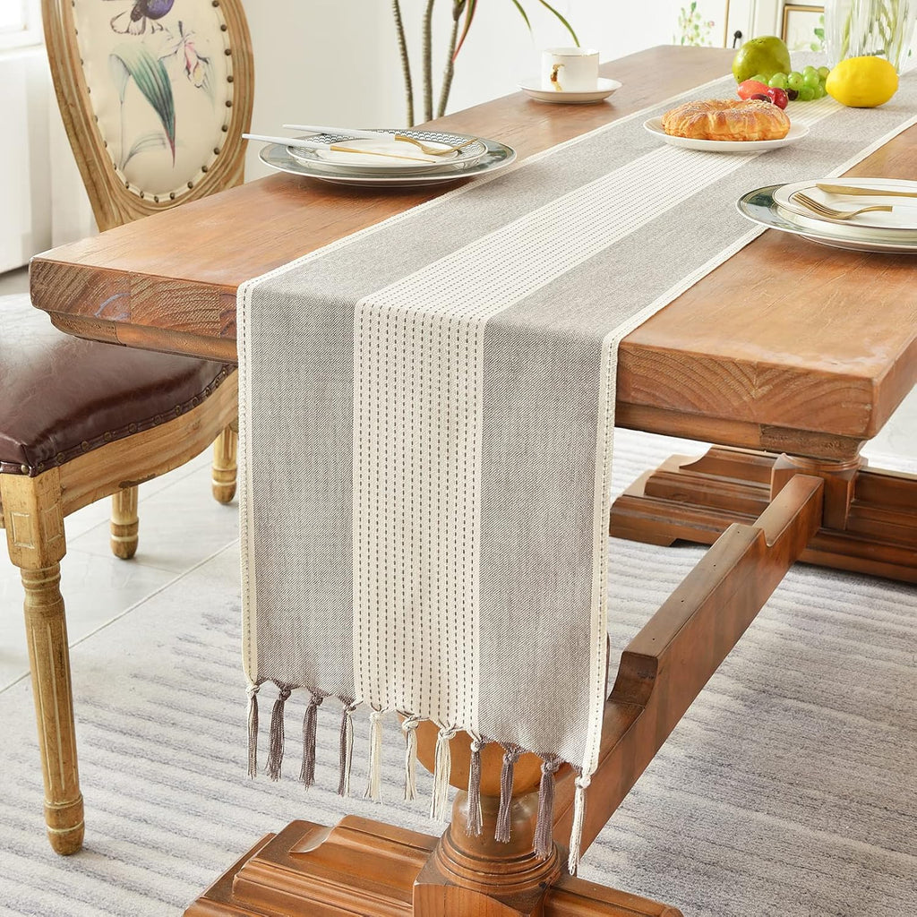 Wracra Linen Table Runner, Stripe Table Runners 72 Inches Long Coffee
