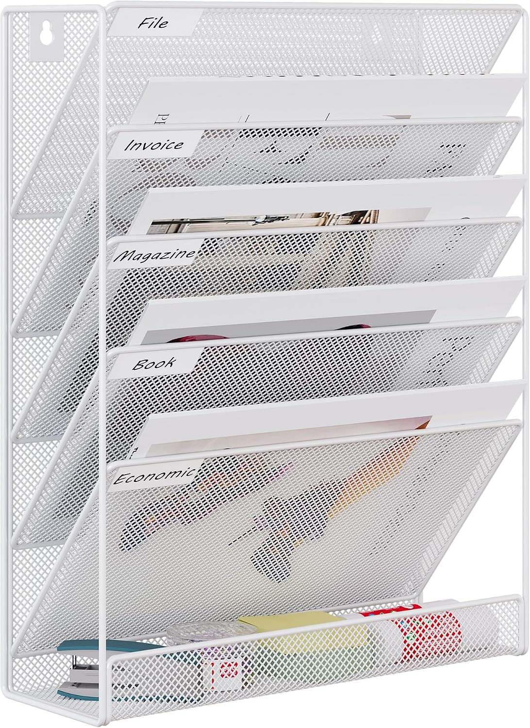 EasyPAG 5 Tier Wall File Holder, Mesh Hanging Folder Organizer with Classify Label, Versatile Desk File Holder, Vertical Wall Mounted Mail Organizer for Office Home Cubicle, White