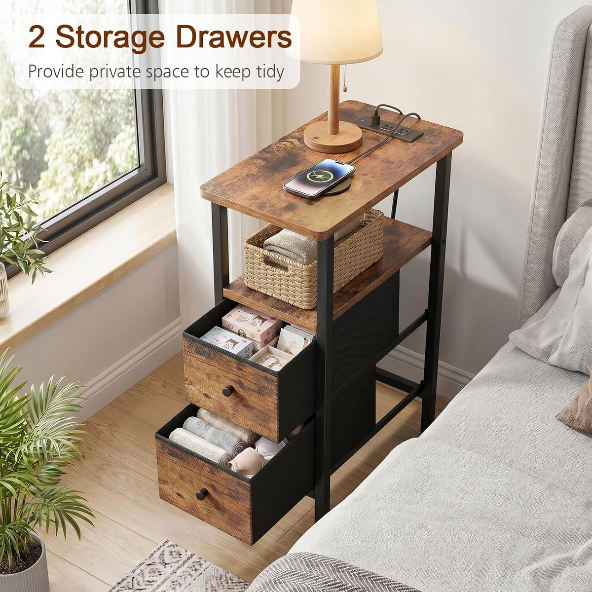 LOAKEKEL Narrow End Table with Charging Station, Side Tables Living Room