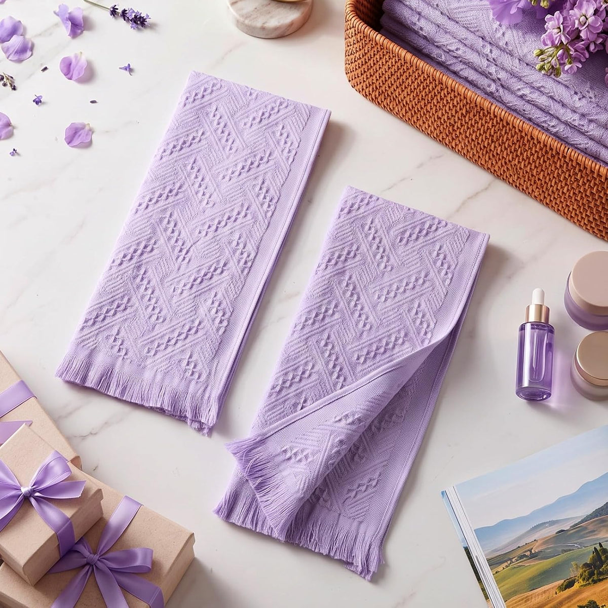 4 Pack Boho Hand Towel for Bathroom Kitchen, Light Purple