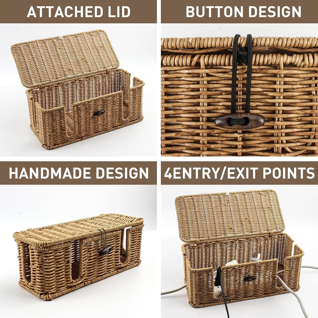 2 Pack Rattan Cable Management Box, Large Cord Organizer Box with Lid Under Desk Router Hider Storage Box with 4 Exits, Wire Box Hider for TV Wires Computer Surge Protector USB Hub Power Strip