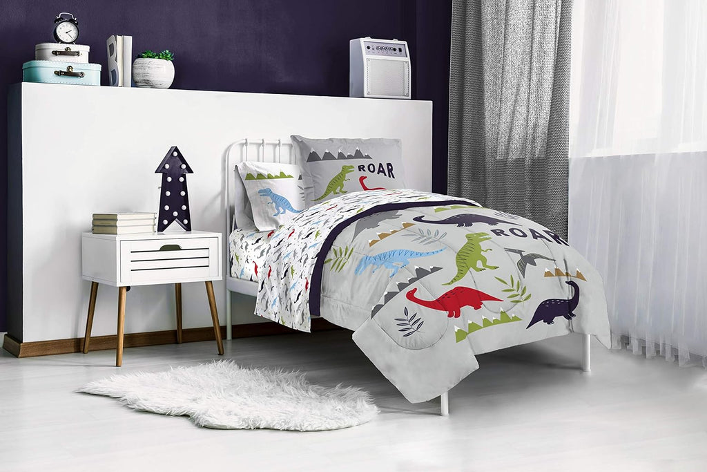 Trend Collector Dinosaur Twin Comforter Set 5 Piece Kids Bedding, Gray