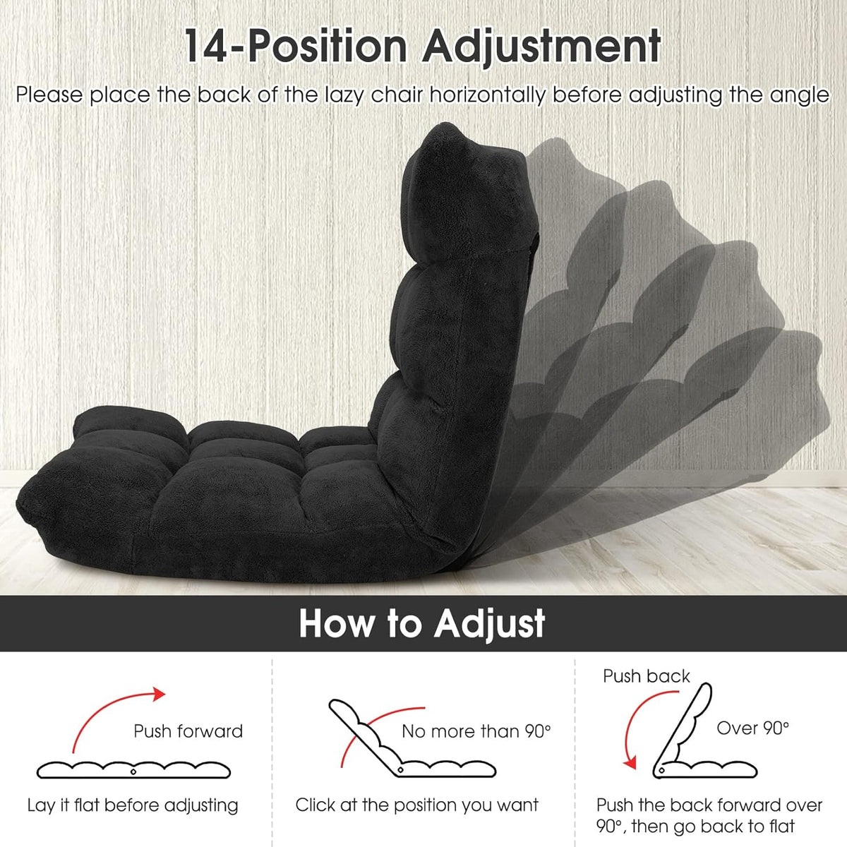 Adjustable 14-Position Floor Chair, Padded Gaming Sofa Chair, Transformable Folding Sleeper Lounge, High Back Lazy Sofa, Great for Reading, Gaming, Meditation (Black)