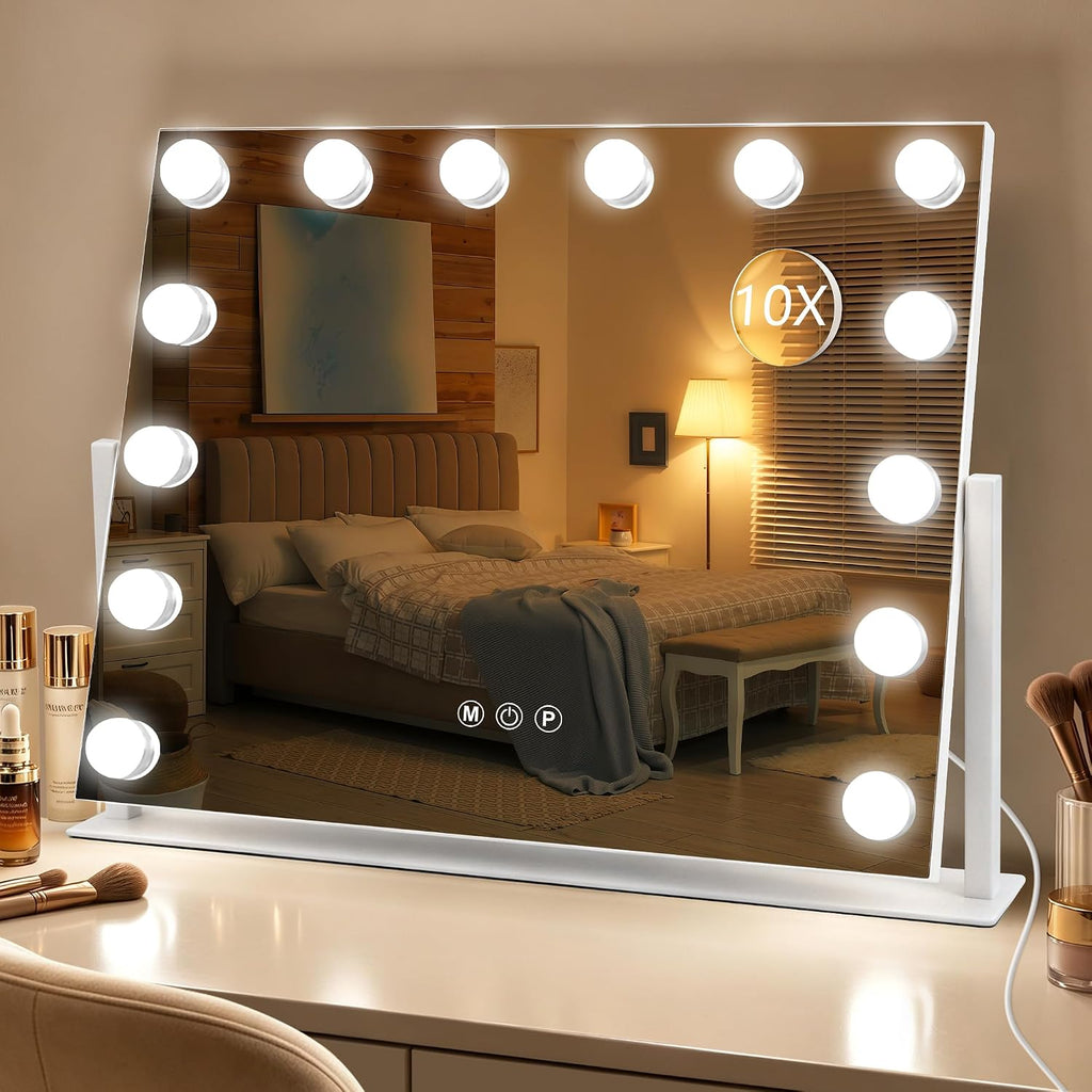 Ratsamee Vanity Mirror with Lights, 22" x 17", 360° Rotation Base, White