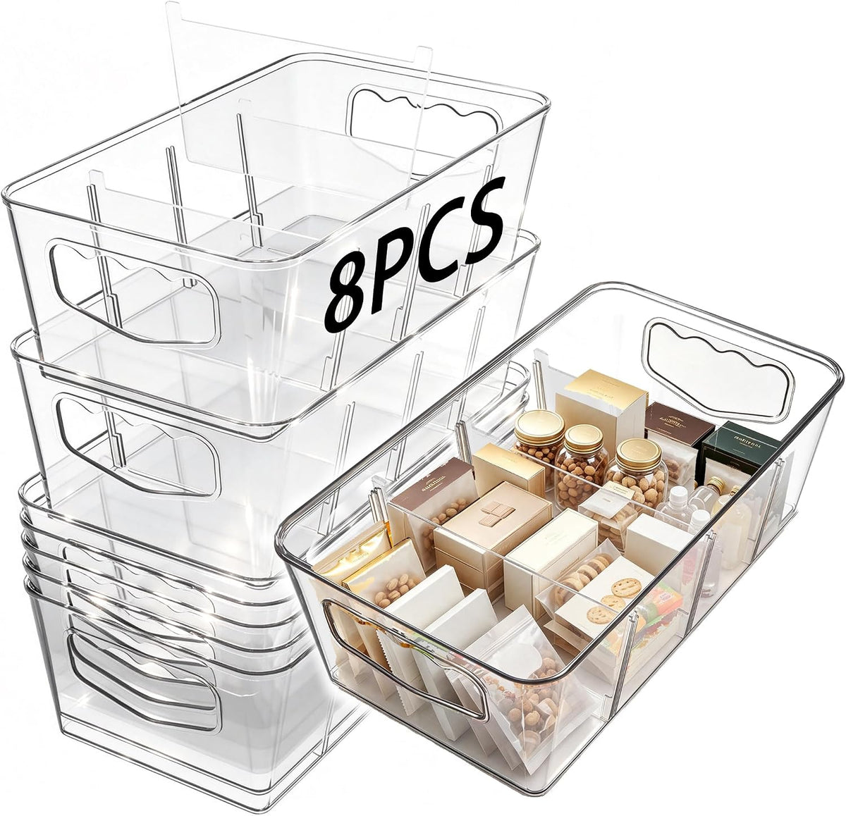 SPACELEAD 6 Pack Clear Pantry Organization Storage Bins with Dividers