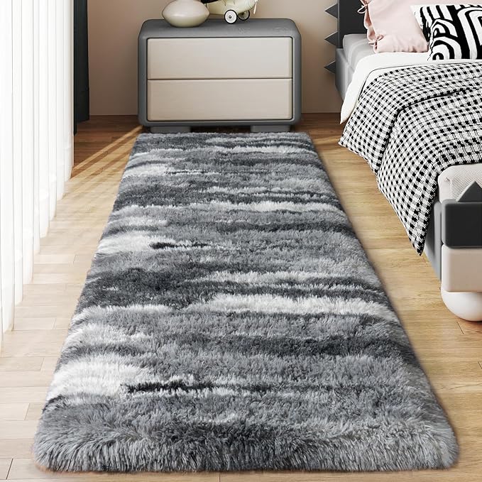 Soft Runner Rugs for Bedroom Hallways, 2x5 Abstract Grey Fluffy Shag Throw Area by Ailyei
