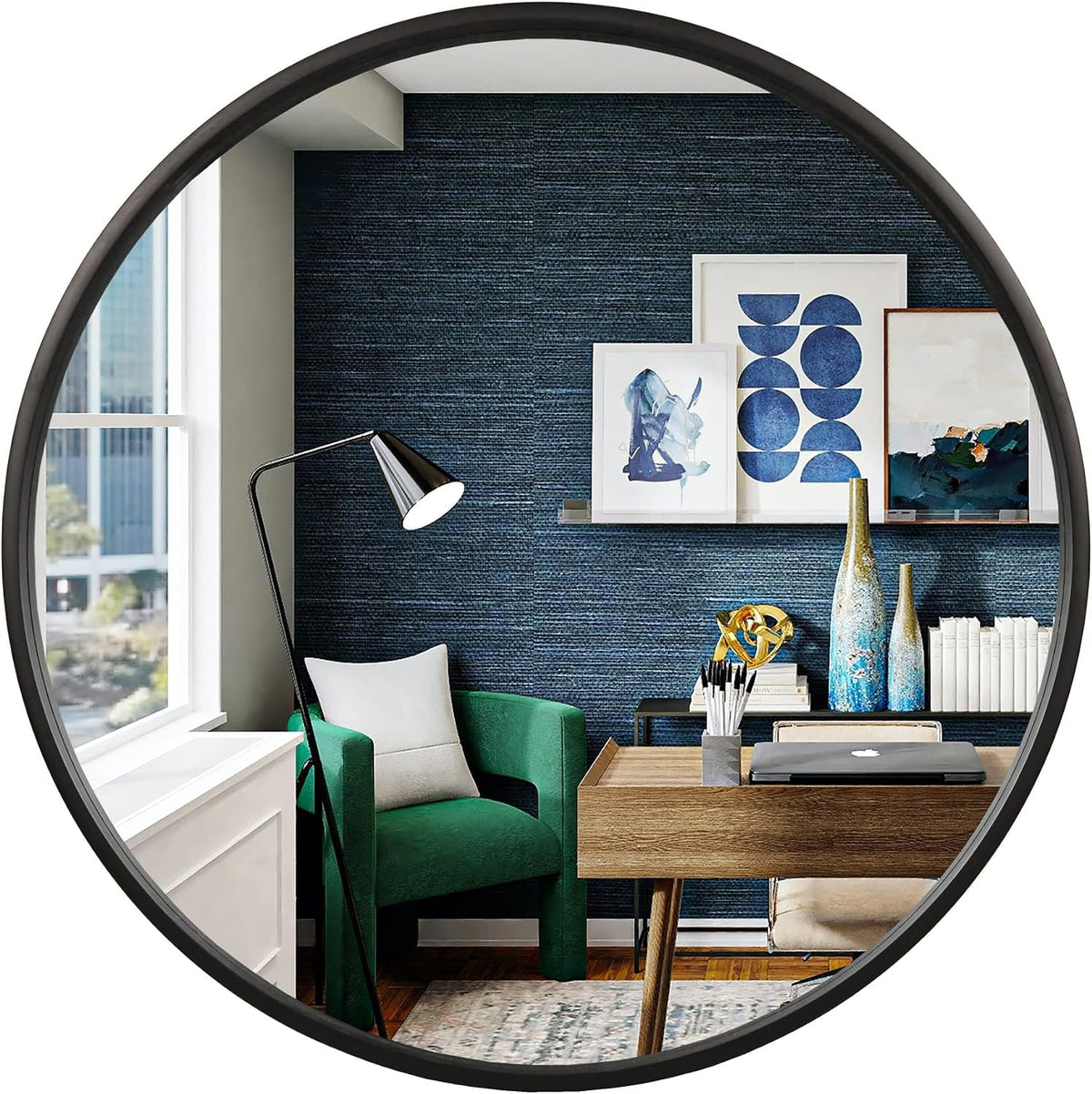 WallBeyond Black Round Wood Mirror 24 inch Circle Wall Mirror for Bathroom Round Wall Mirror for Wall Decor, Vanity, Entryway Living Room