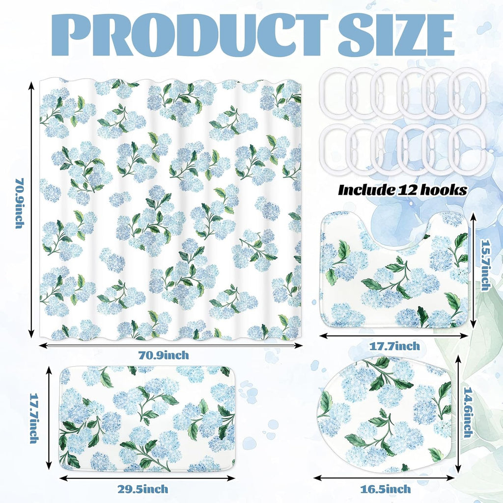 FYSUIMU 4Pcs Blue Hydrangea Bathroom Set Spring Floral Non-Slip Bath Mat U-Shaped Toilet Rug Toilet Lid Cover Shower Curtain with Hooks for Home Hotel Accessories Decoration