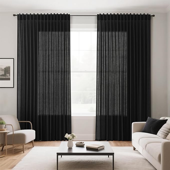 Black Large Window Curtains Light Filtering Semi Sheer Privacy Linen Textured - Image 7