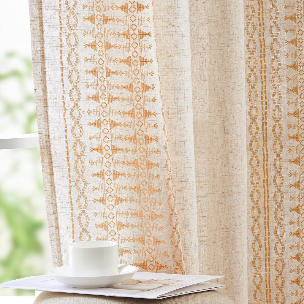 jinchan Boho Curtains for Bedroom Linen Blend Boho Curtains 96 Inches Long 2 Panels Farmhouse Embroidered Drapes for Living Room Drapes Light Filtering Grommet Window Traetments Gold on Beige