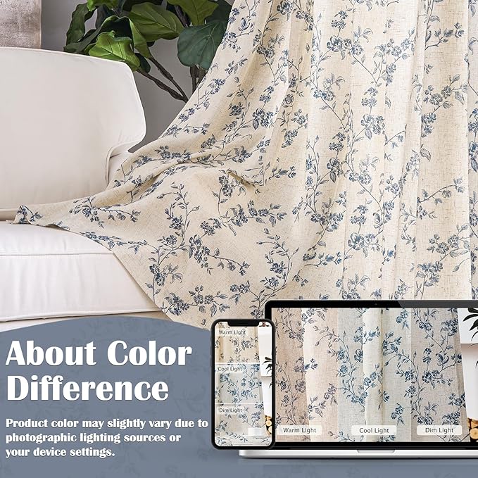 Lazzzy 90 Inch Length Curtain for Living Room Bedroom Blue Floral Drapes Linen - Image 6