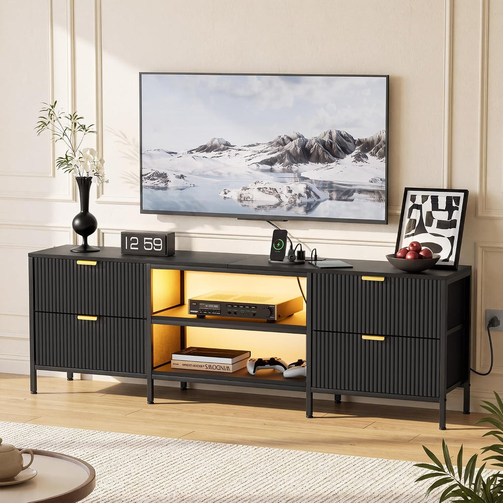 63 Inch Black Fluted TV Stand with Storage, Entertainment Center