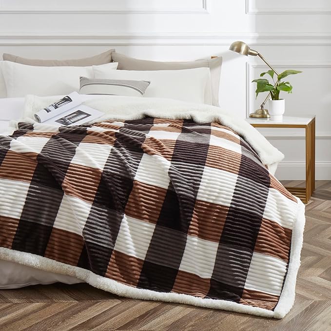 PU MEI Sherpa Blanket Twin Plaid Thick Bed Blanket, 60”*80” Super Soft Flannel - Image 2