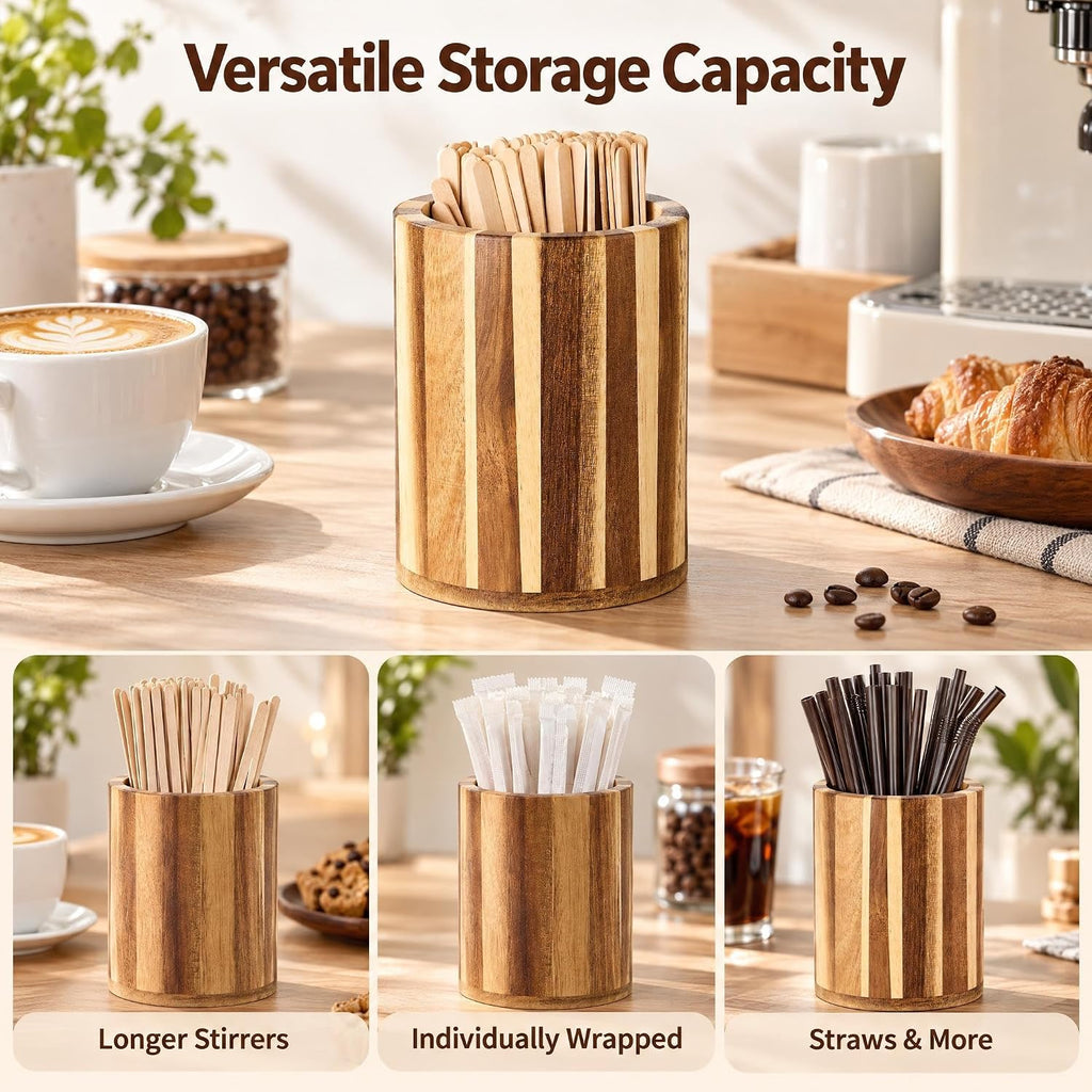 Wood Coffee Stirrers Holder Set with 100 Disposable Stir Sticks