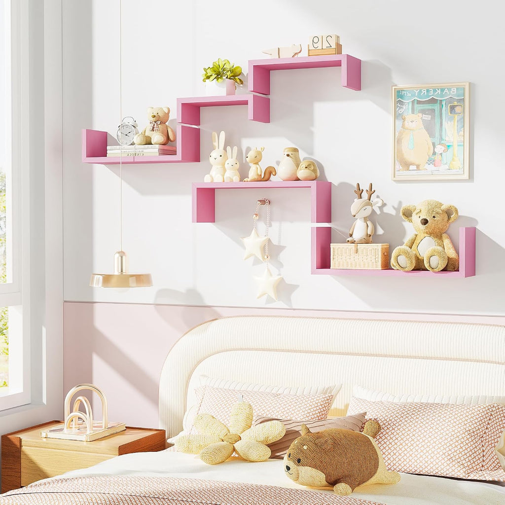 SRIWATANA Pink Floating Shelves, Set of 5 Solid Wood Wall Mounted Shelves