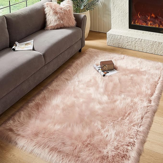 AMTOVO Faux Fur Sheepskin Rug for Living Room, 4 x 6 ft Pink Fluffy Area Rug by AMTOVO