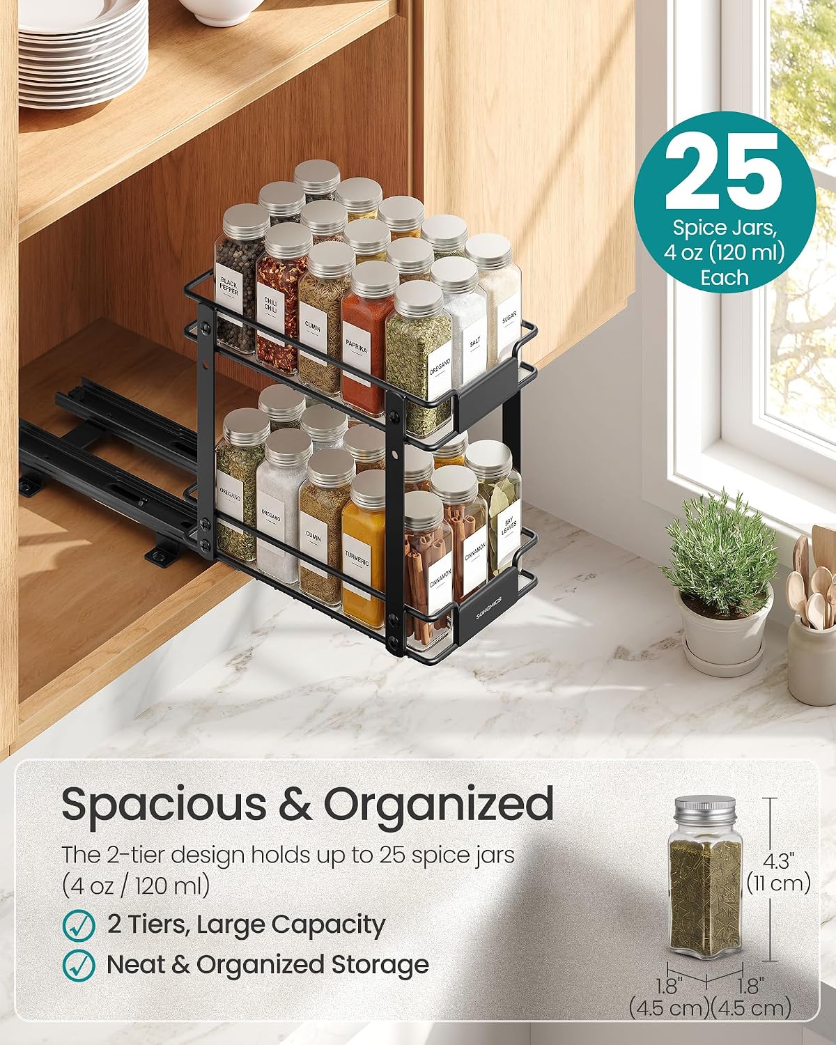 SONGMICS Spice Rack Organizer for Cabinet, Pull Out 2 Tier Thick Steel