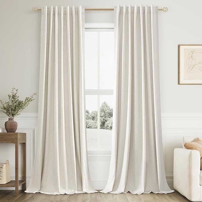 Cream 100% Blackout Linen Curtains 100 Inch Length 2 Panels Set by Guken