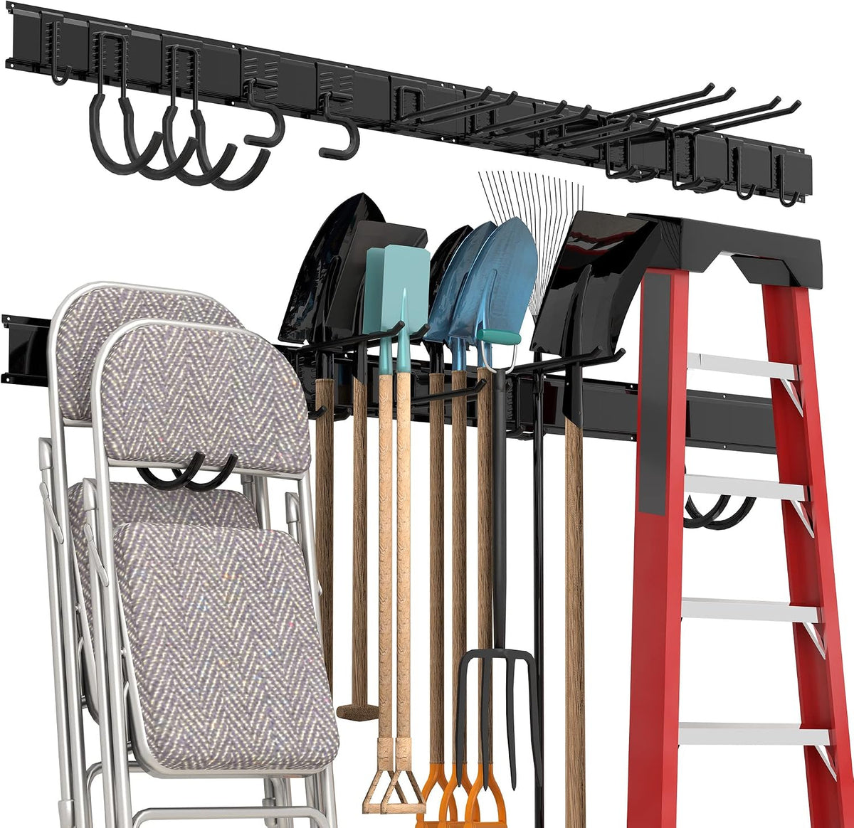 Garage Wall Organizer, Heavy Duty Tool Hangers for Garage Wall with 8 Double Hooks & 3 Rails, Tool Organizer Wall Mount, Garage Hanging Storage Rack for Shovel, Rake, Broom and Ski Gear