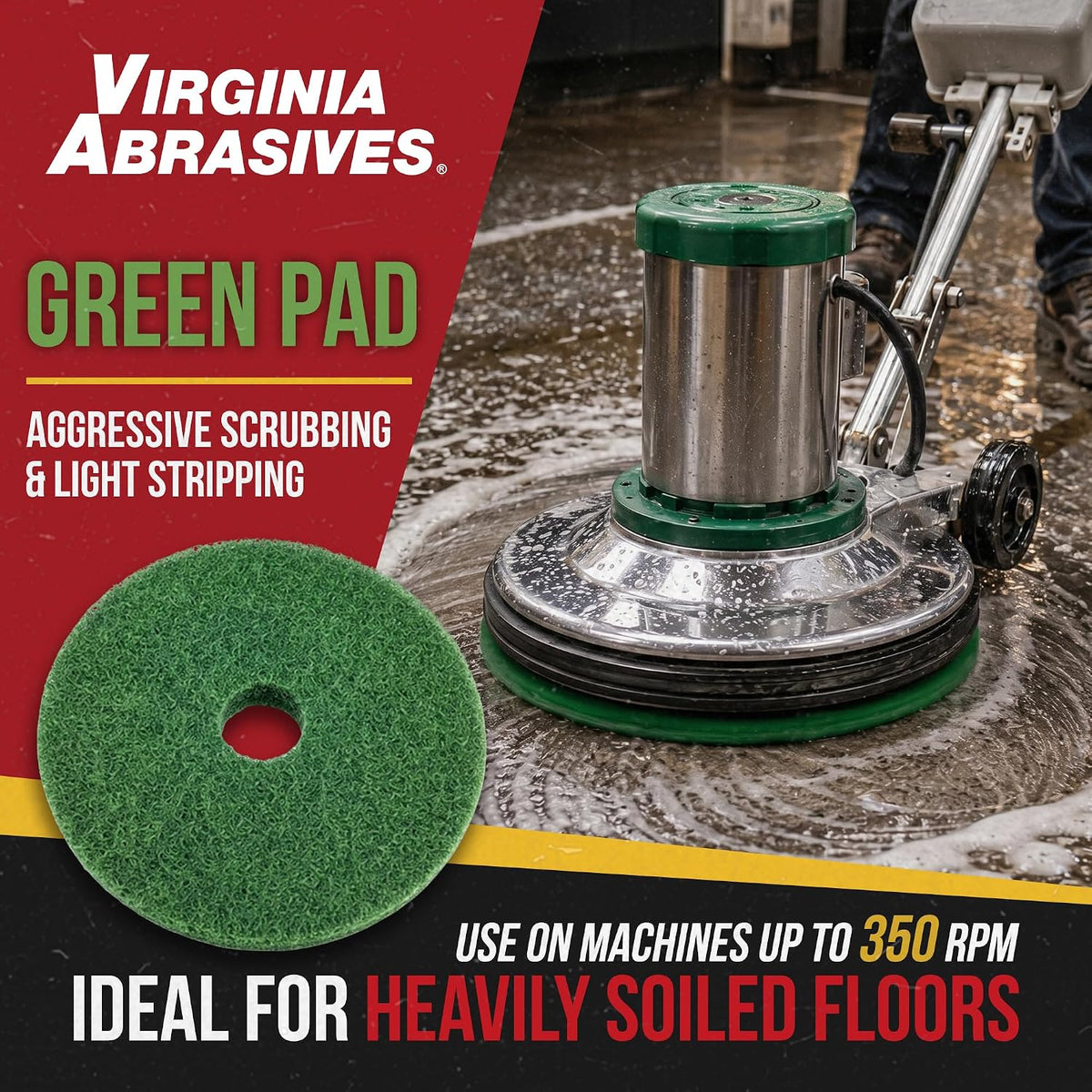 Green Floor Maintenance Pads, Deep Cleaning & Light Stripping, 17" - 5 Pack