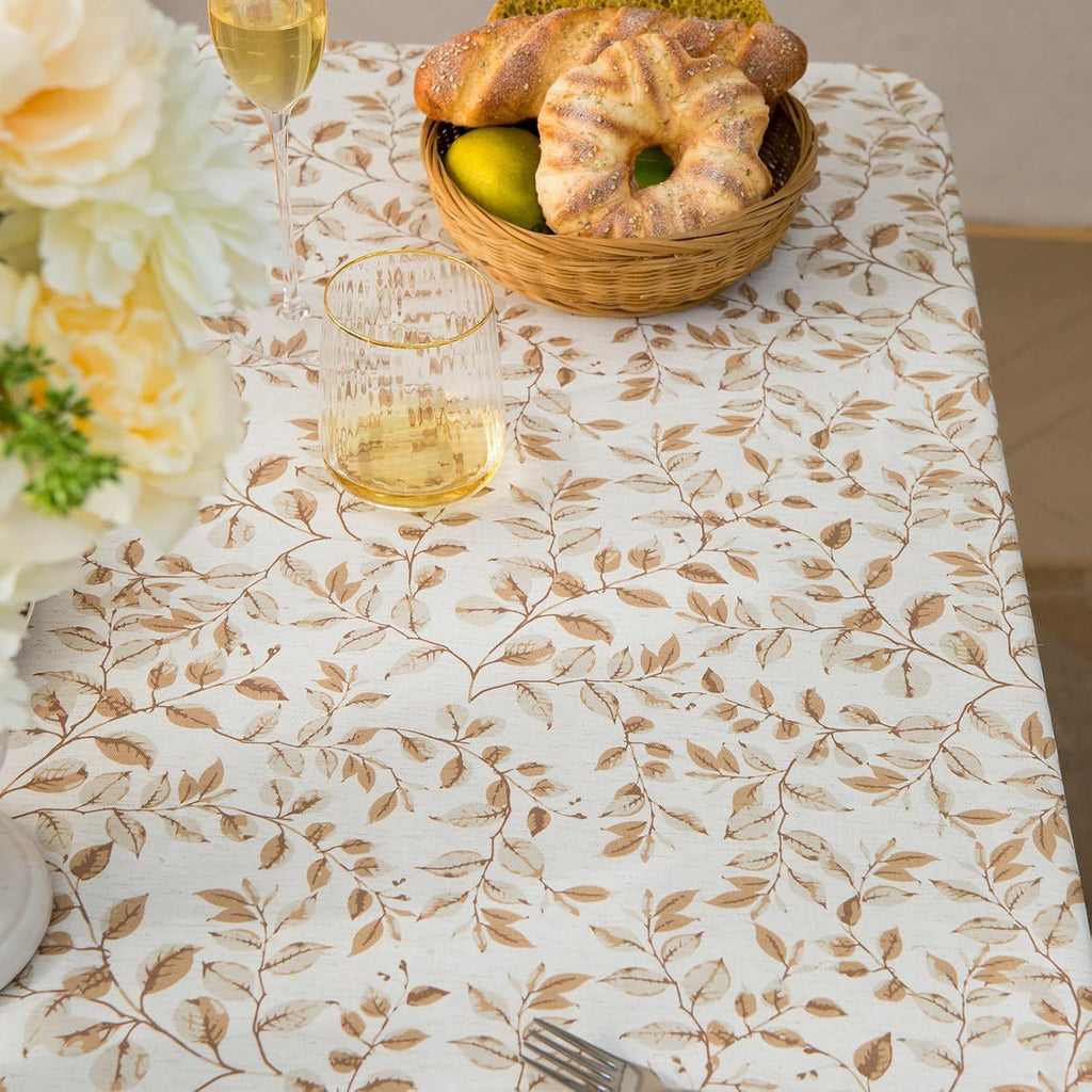 GLORY SEASON Rustic Tablecloth Plant Leaf Printed with Ruffle Flounces Trim Linen Blended Rectangle/Oblong Table Cloth for Kitchen Dining Parties Farmhouse Decor Cocoa Brown,60x84 Inch