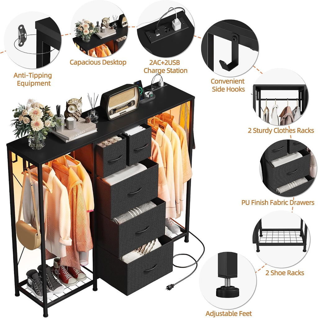 HIGDBFE 5-Drawer Dresser with 2 Hanging Racks, Black, 49.2" W