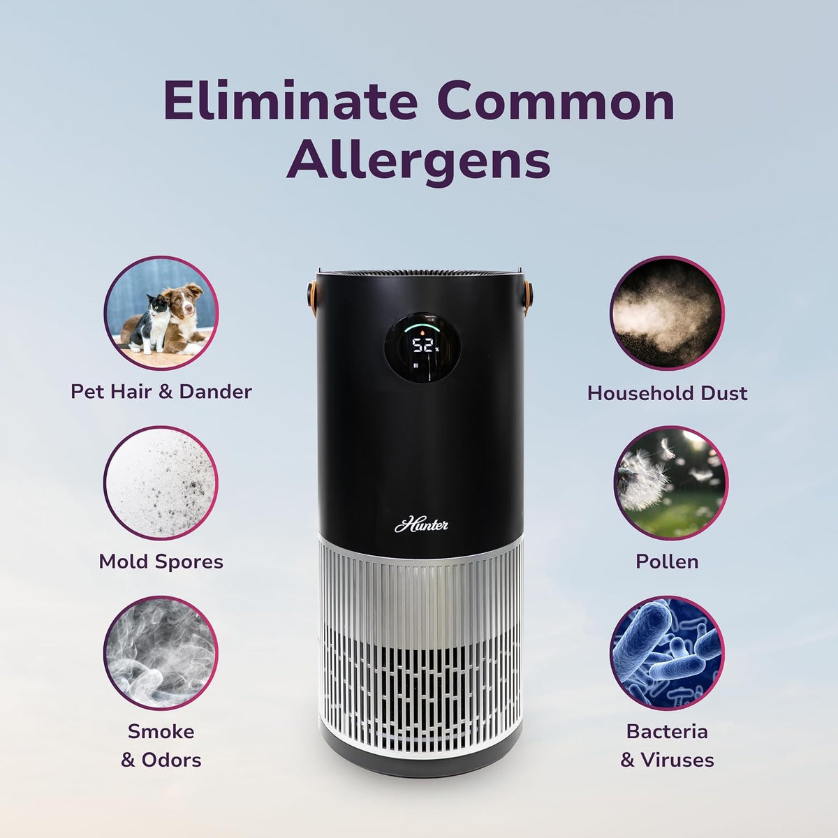 Hunter HPH625 True HEPA Air Purifier Humidifier, 445 Sq Ft, Black/Silver