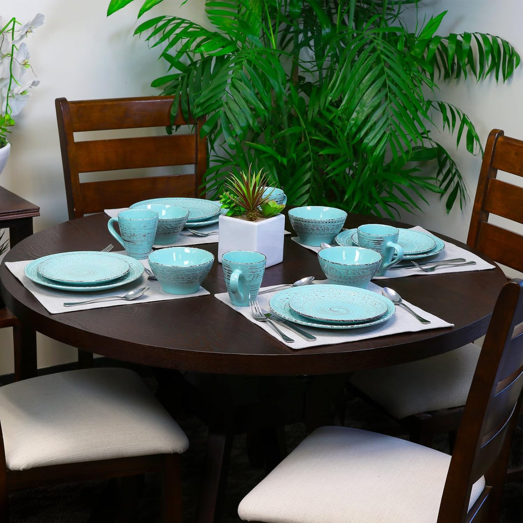 Elama Embossed Stoneware Ocean Dinnerware Dish Set, 16 Piece, Turquoise