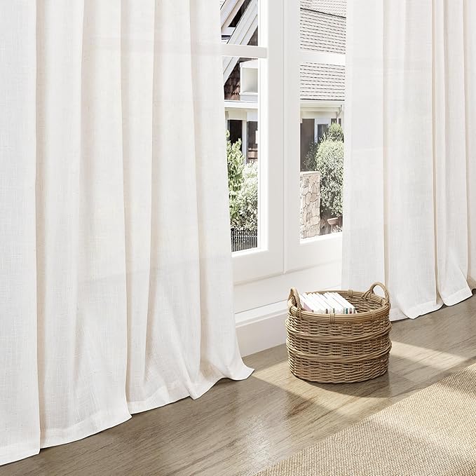 Ivory White Linen Curtains for Living Room 105 Inches Long Light Filtering Semi - Image 5