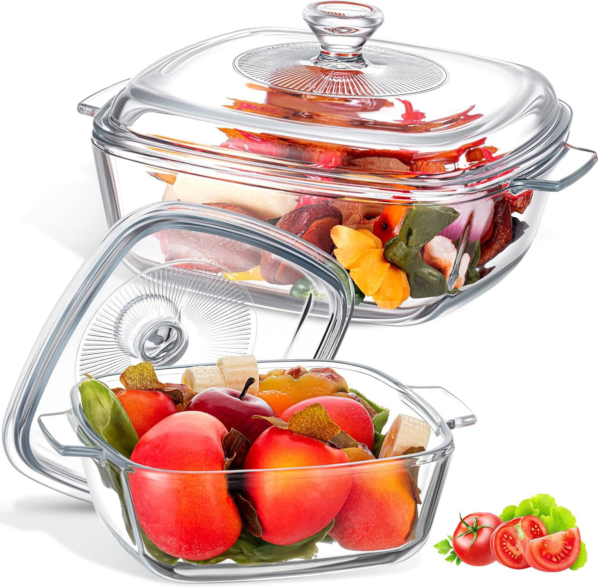 Maxcheck 2 Pcs Glass Casserole Dish with Lid, 0.8L/1.7L Round Bakeware Set