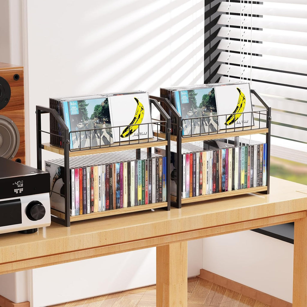 CD Storage, 2 Tier CD holder & Display, 60 Capacity-Natural Wood 2 Pack
