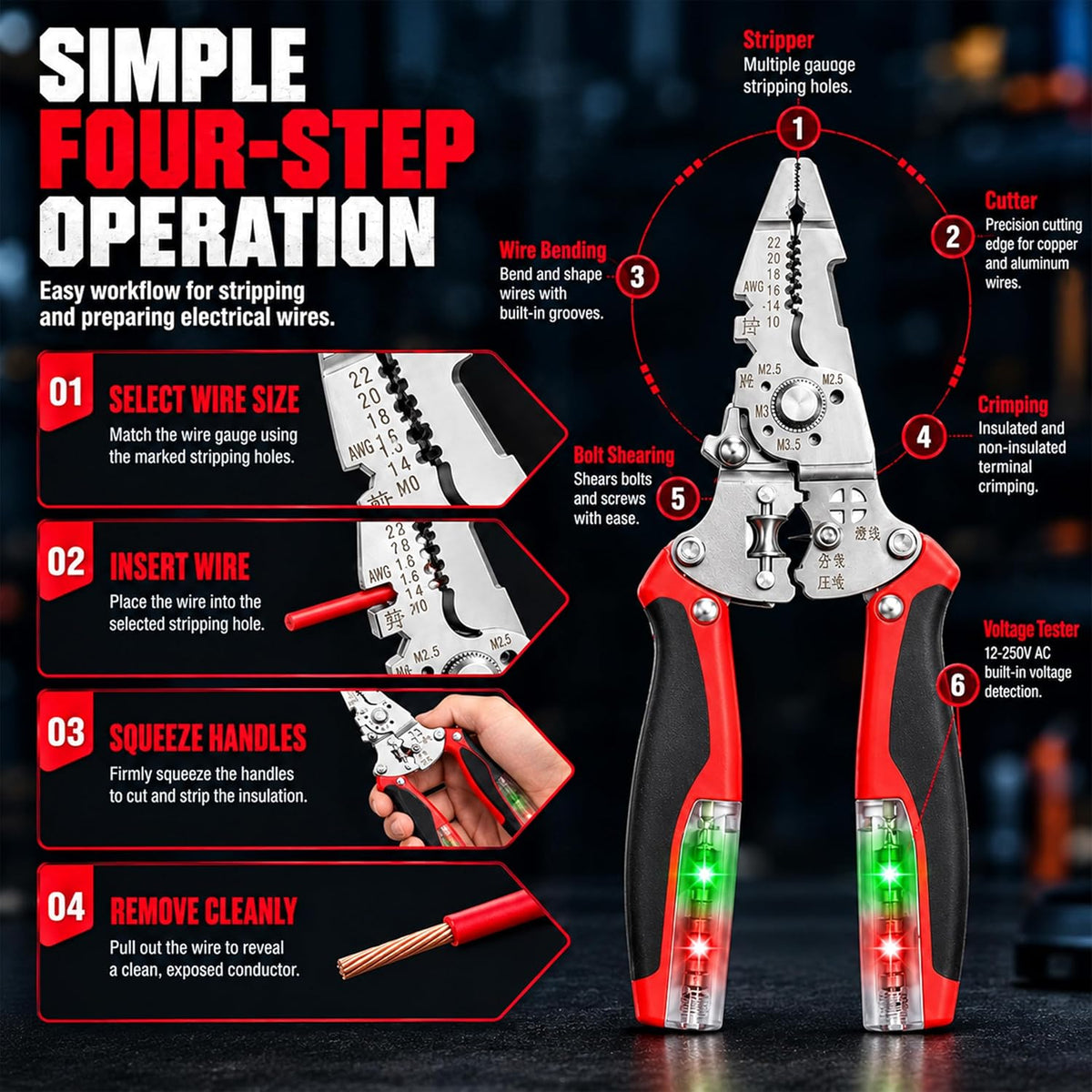 16-in-1 Foldable Wire Stripper, Electrical Multitool with 12-250V Voltage Tester, Crimper, Screw Cutter & Non-Slip Grip, Stainless Steel Voltage Test Pliers for Home Wiring, DIY & Repairs